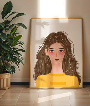 Illustrated portrait of a woman with long brown hair and expressive eyes