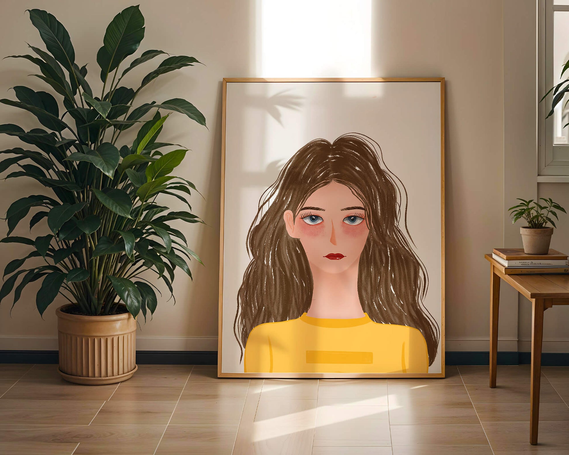 Illustrated portrait of a woman with long brown hair and expressive eyes