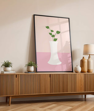 Simple Minimalist Illustration of a White Vase with Green Leaves on a Pink Background - Mi tienda