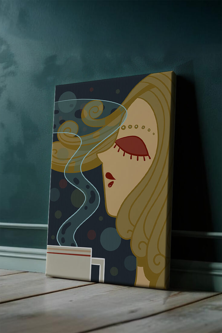 Stylized portrait of a woman with flowing hair and steaming coffee