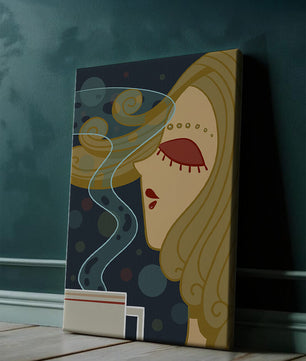 Stylized portrait of a woman with flowing hair and steaming coffee