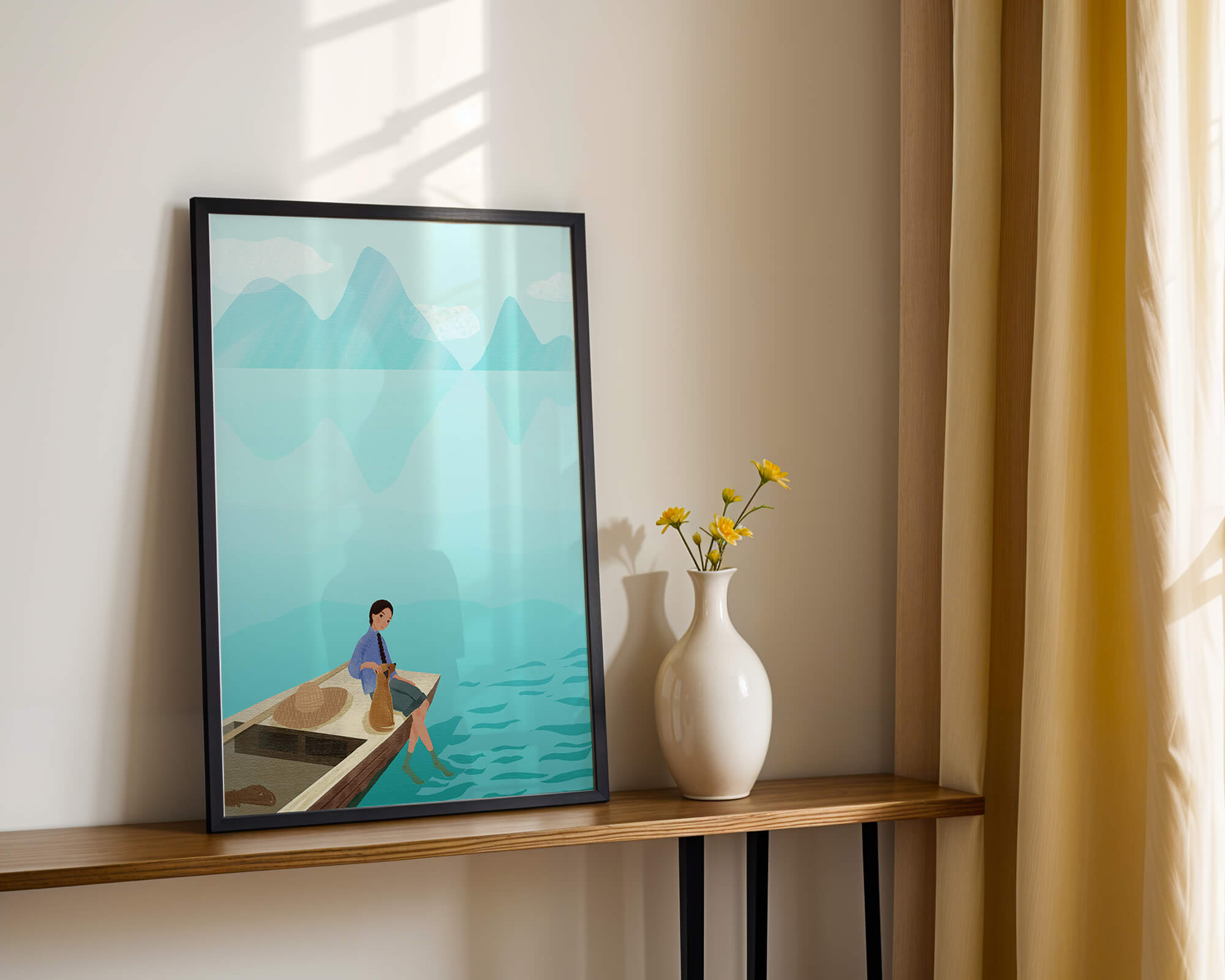 Serene scene with woman and dog on a boat by tranquil waters