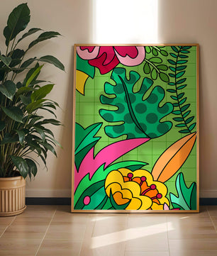 Colorful botanical illustration with vibrant tropical elements