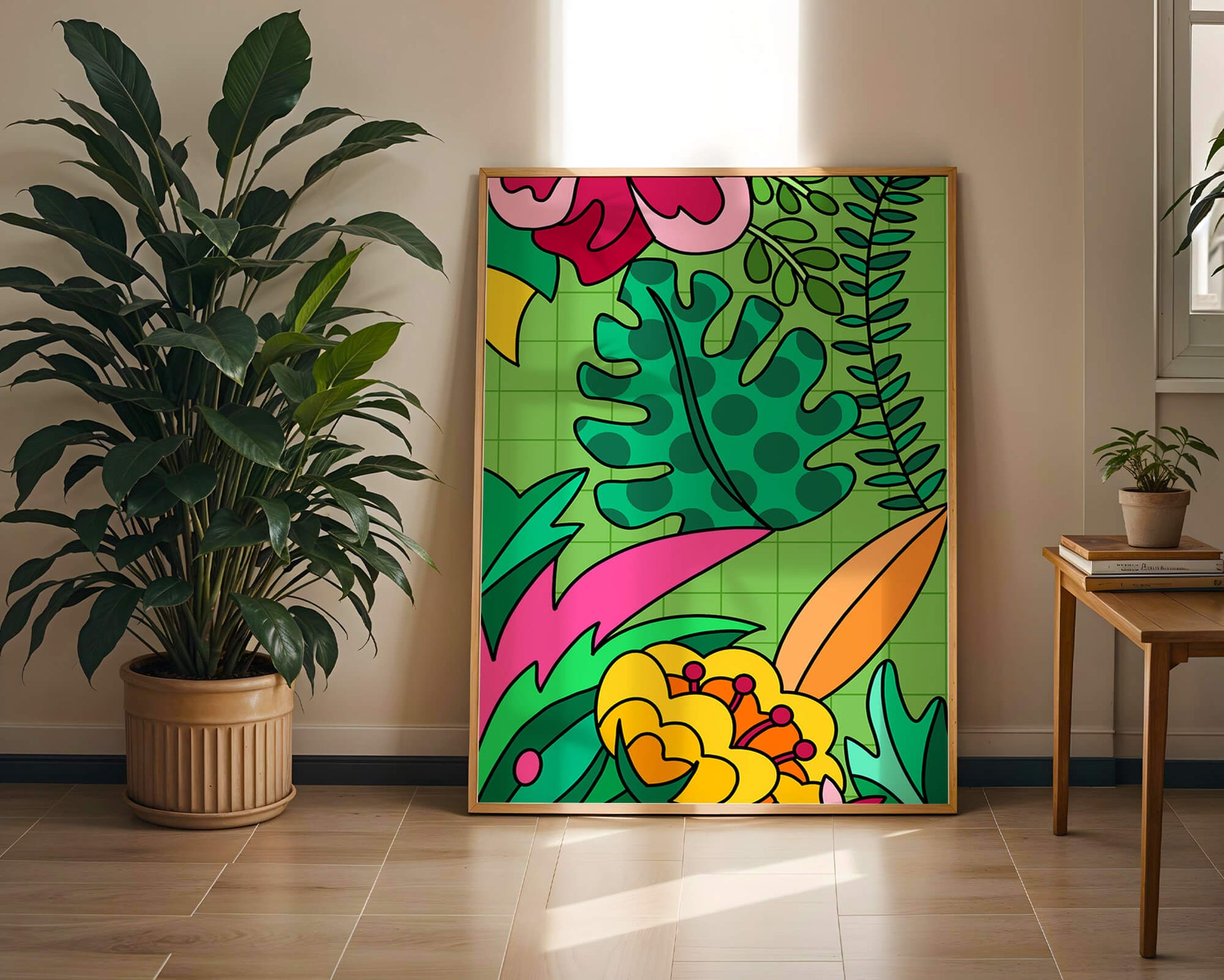 Colorful botanical illustration with vibrant tropical elements