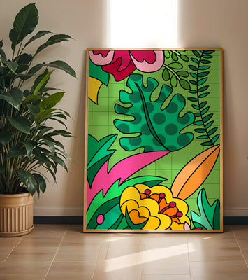 Colorful botanical illustration with vibrant tropical elements