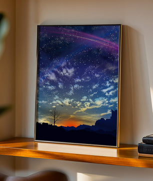 Starlit night sky with colorful sunset and silhouetted landscape