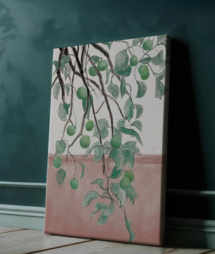 Branches With Green Apples And Leaves Over Pink Background