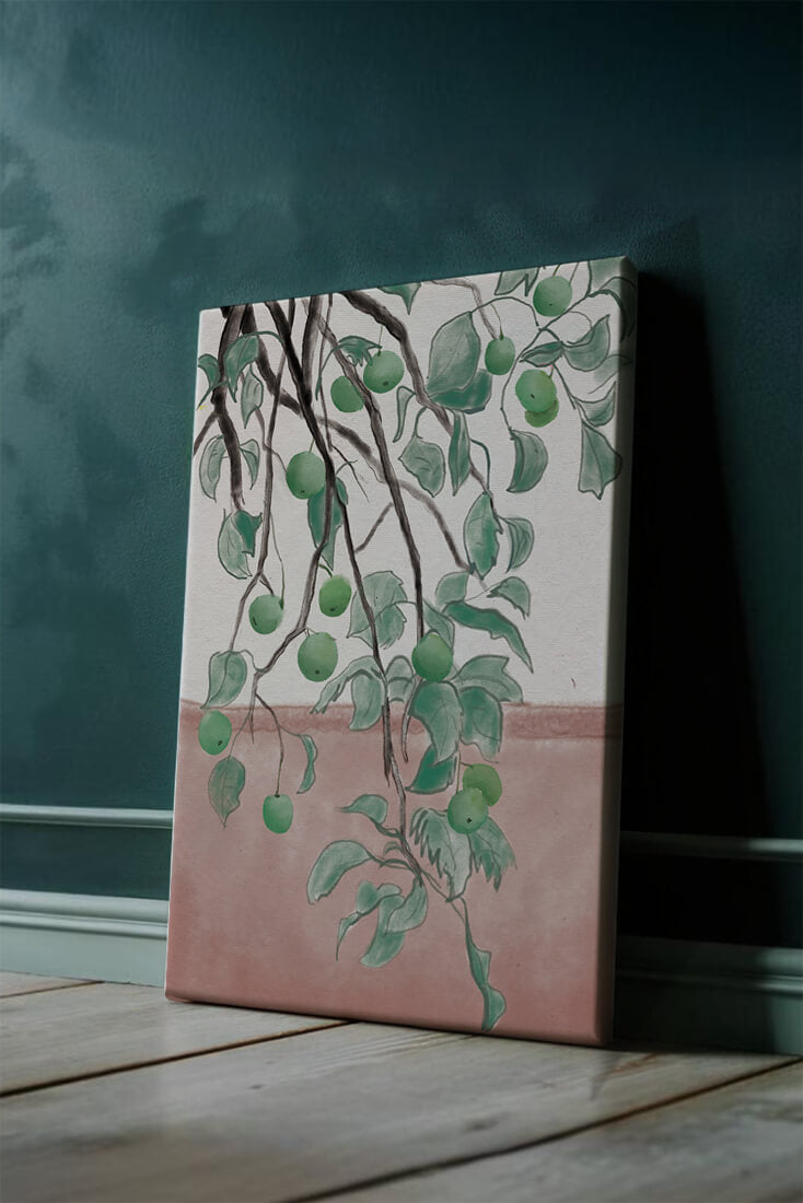 Branches With Green Apples And Leaves Over Pink Background