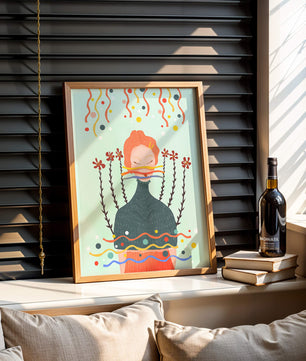 Whimsical Abstract Art of a Woman with Flowers and Streamers - Mi tienda