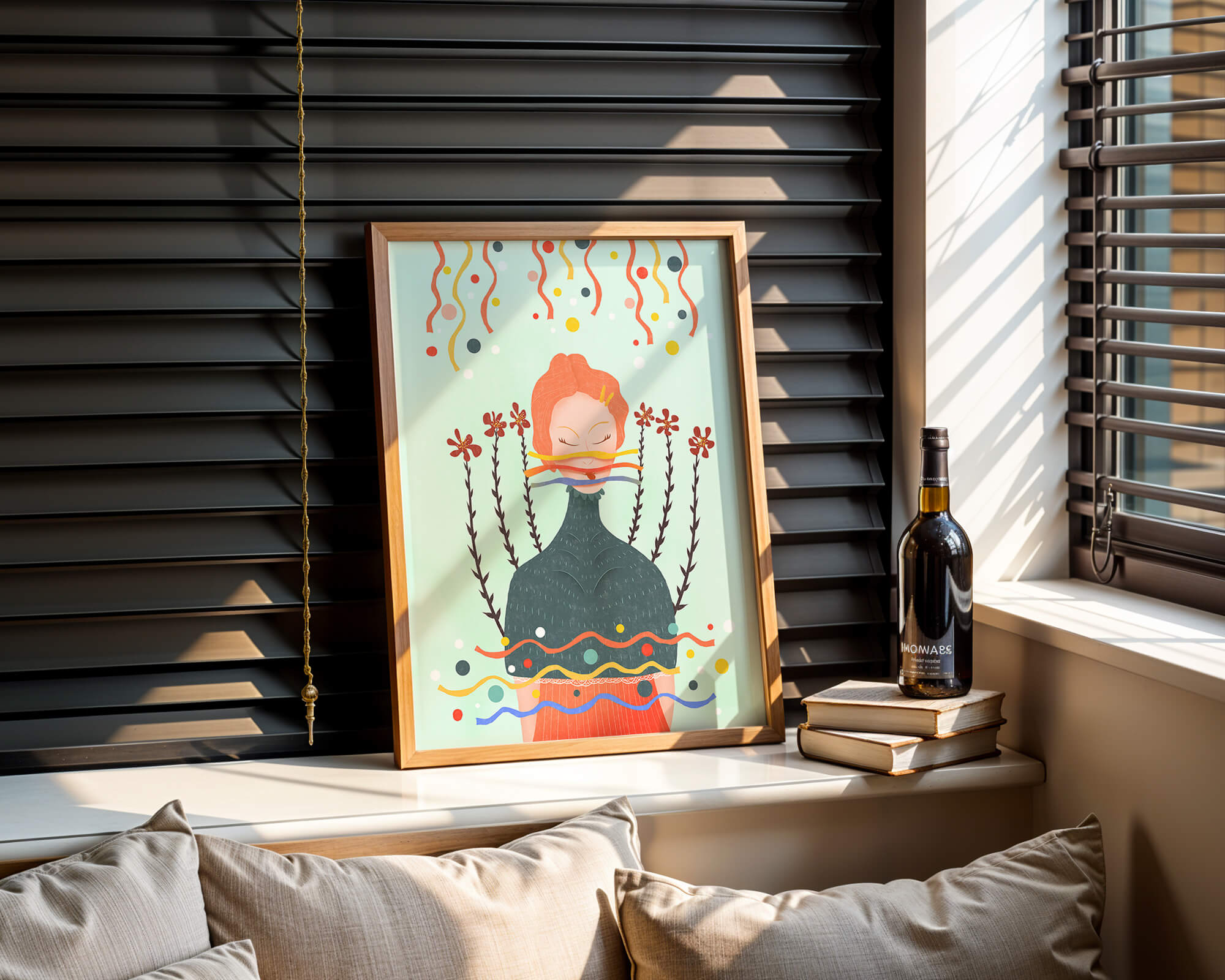 Whimsical Abstract Art of a Woman with Flowers and Streamers - Mi tienda