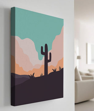 Abstract desert landscape with cactus silhouette at sunset