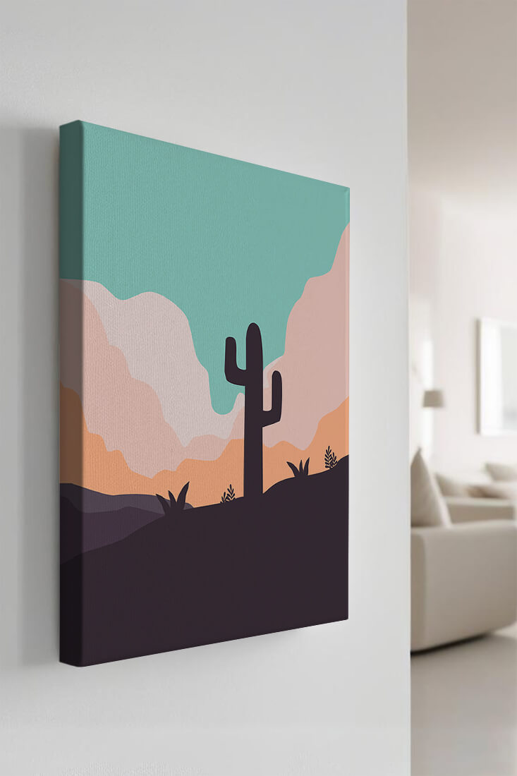Abstract desert landscape with cactus silhouette at sunset