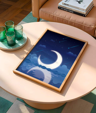 Serene night sky with crescent moon reflecting on water