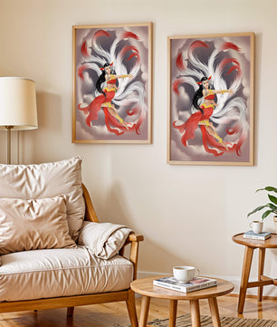 Graceful fantasy fox spirit with flowing tails and red attire in mystical clouds