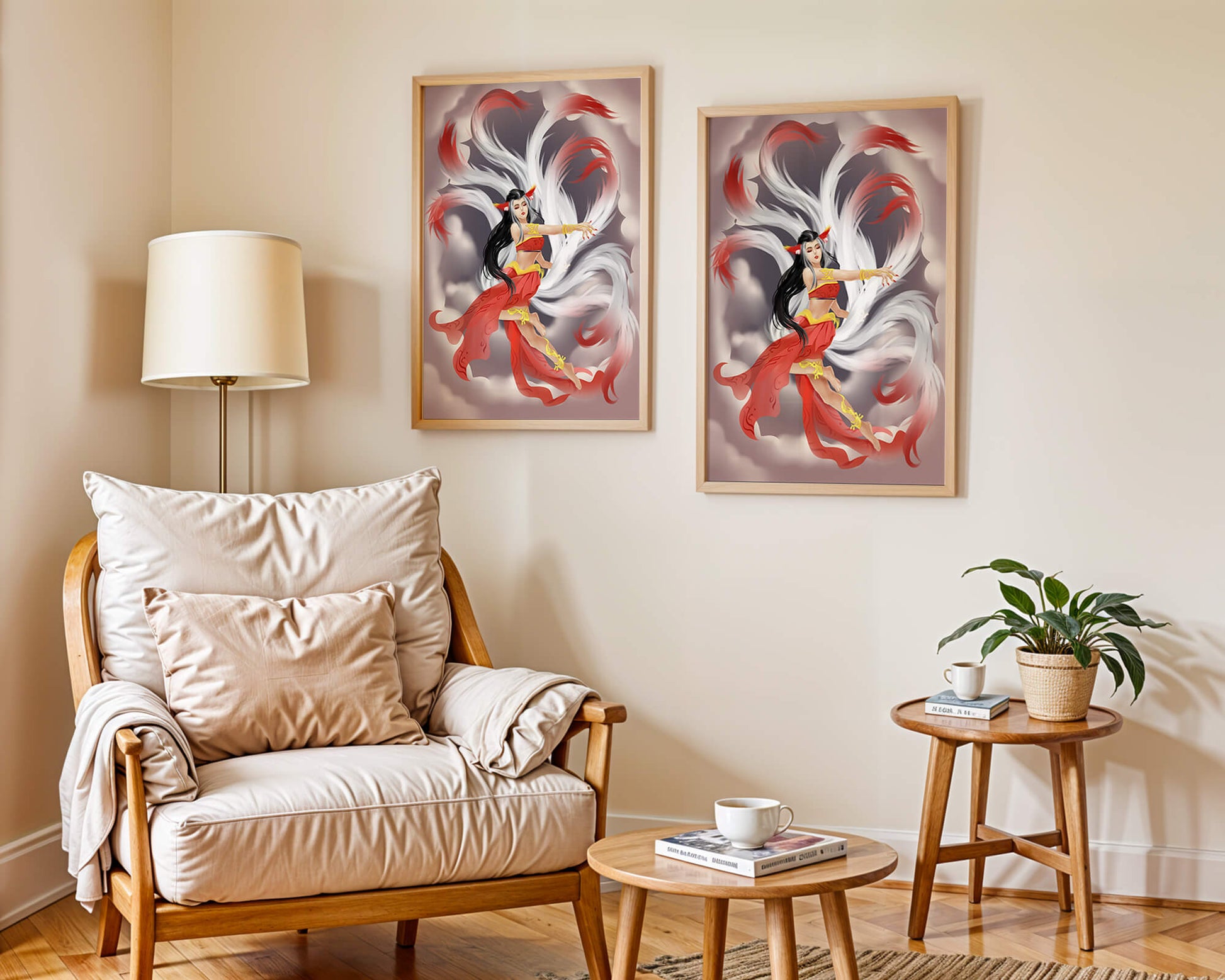 Graceful fantasy fox spirit with flowing tails and red attire in mystical clouds