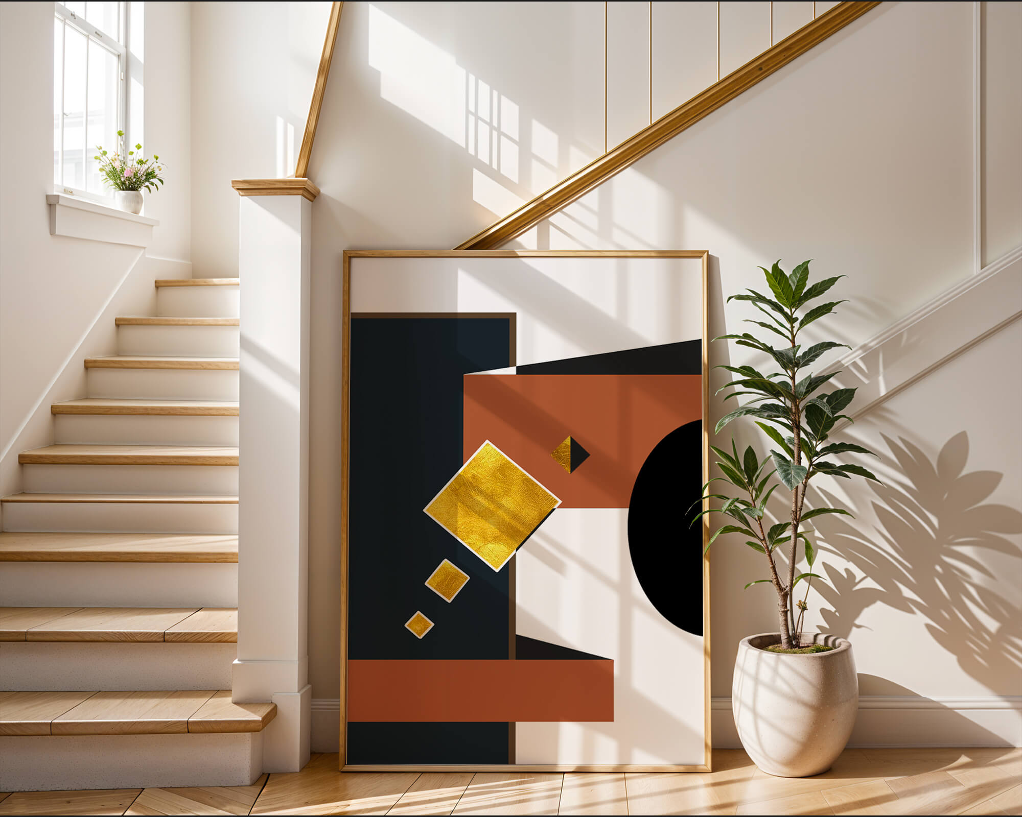 Abstract geometric art with gold accents and bold colors - Mi tienda