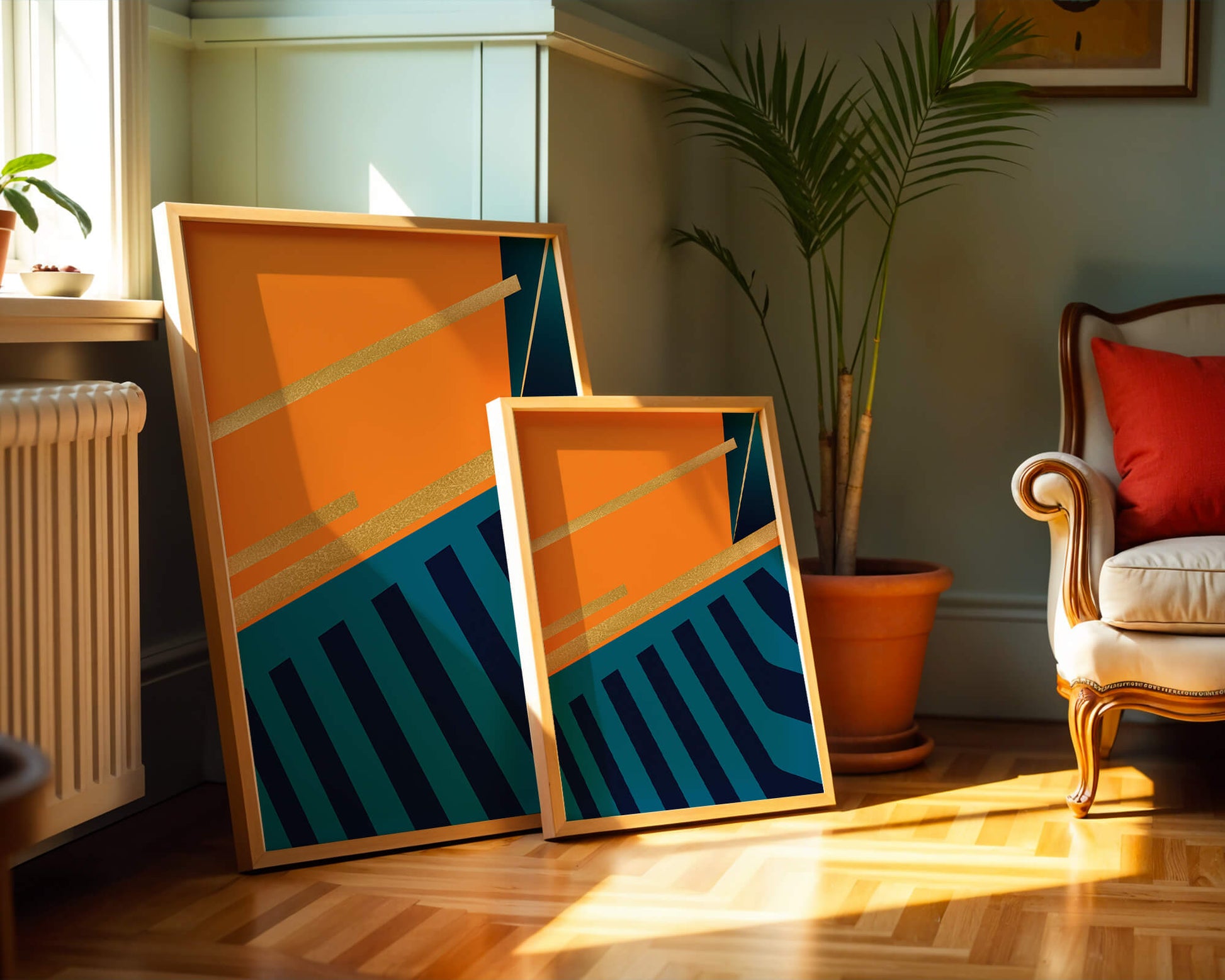 Moderne geometrische Abstraktion mit goldenen Elementen und kräftigen Farben 