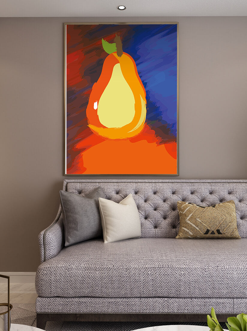 Pintura abstracta de una pera colorida sobre un fondo vibrante.