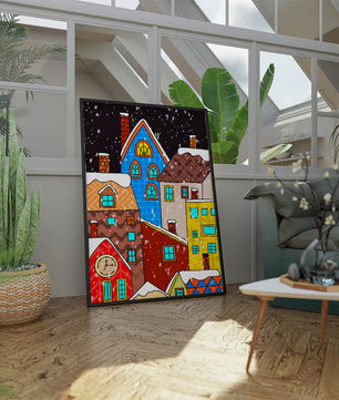 Farbenfrohe Winterstadtlandschaft mit schneebedeckten Häusern im Cartoon-Stil
