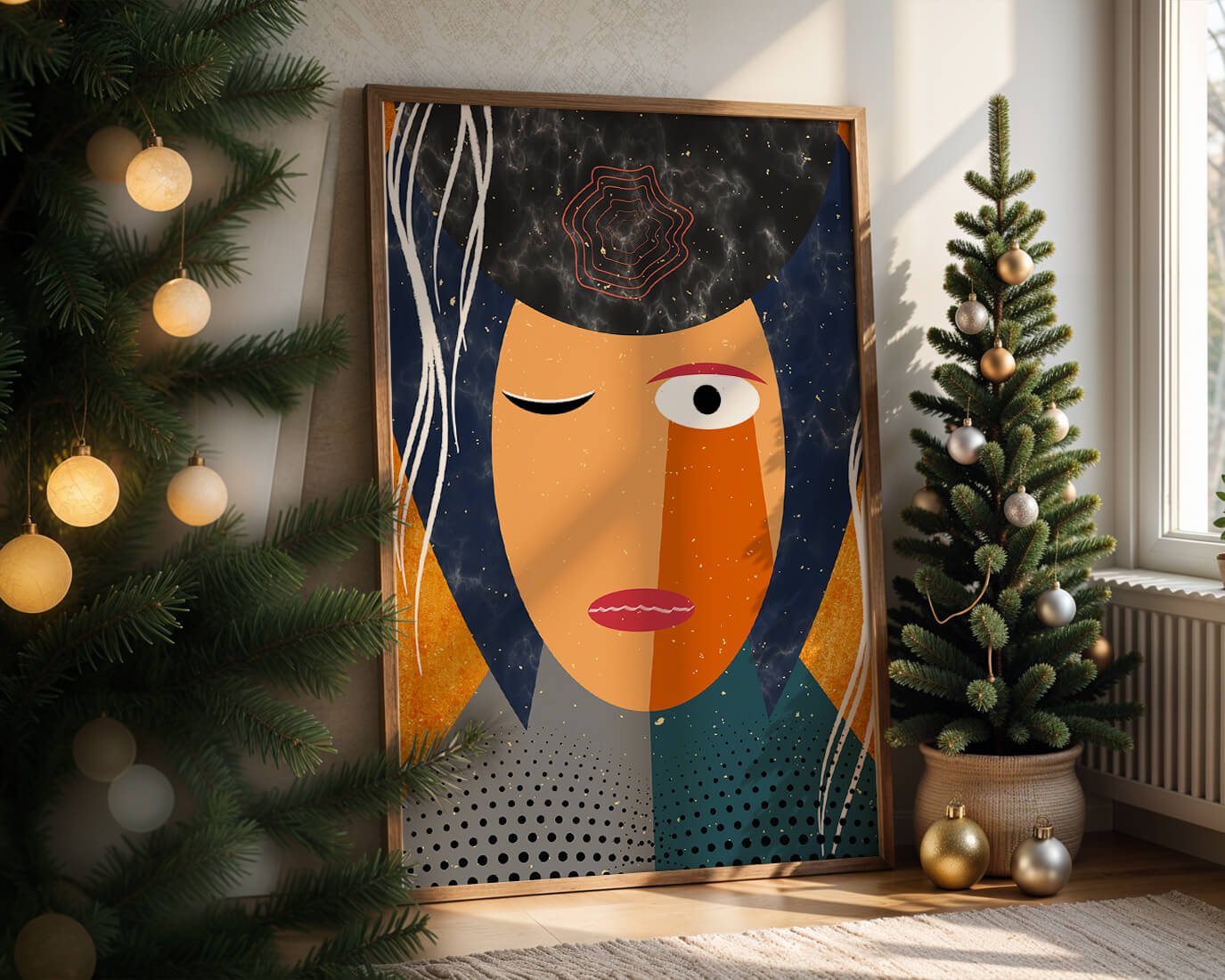 Abstract geometric portrait featuring vibrant colors and textures
