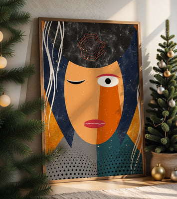 Abstract geometric portrait featuring vibrant colors and textures