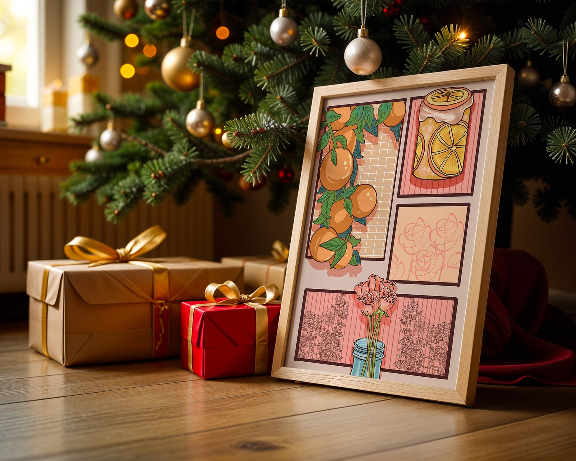 Composición artística con naranjas, frasco de rodajas de limón y rosas sobre fondo geométrico