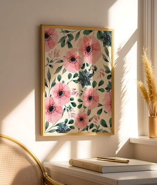 Patrón acuarela floral con flores rosas y hojas verdes