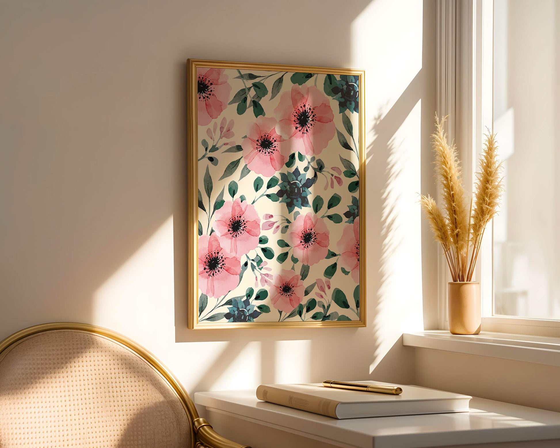 Floral Watercolor Pattern with Pink Flowers and Green Leaves