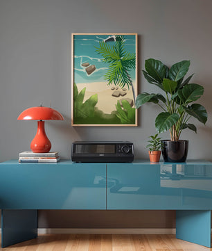 Serene tropical beach scene with lush greenery and calm waves