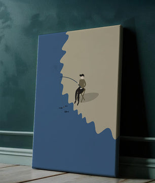 Minimalistic illustration of a person fishing by the sea