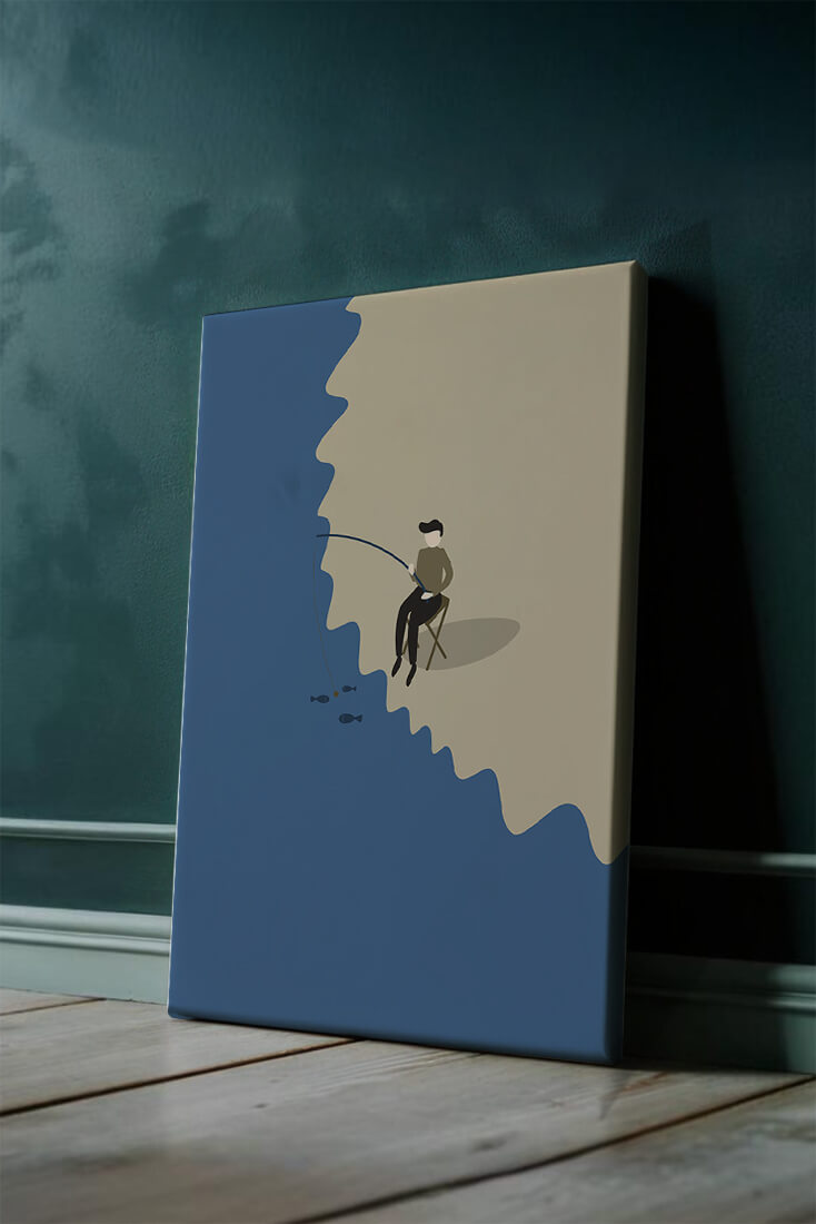 Ilustración minimalista de una persona pescando por el mar