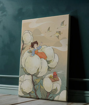 Illustration d'une fille sur des fleurs géantes avec des oiseaux volants et de la nourriture