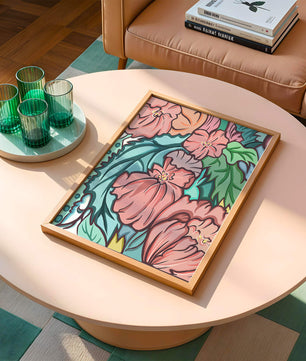 Elegant floral pattern illustration with pink blossoms and green leaves