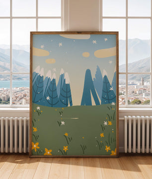 Landschaft mit schneebedeckten Bergen und Blumen im Cartoon-Stil