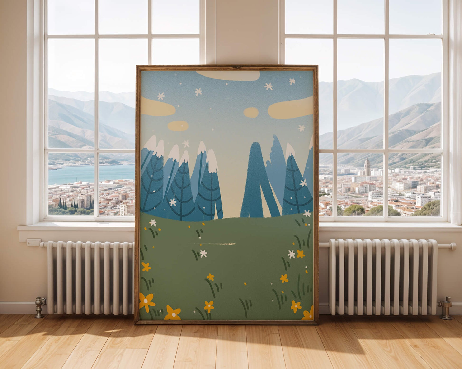 Landschaft mit schneebedeckten Bergen und Blumen im Cartoon-Stil