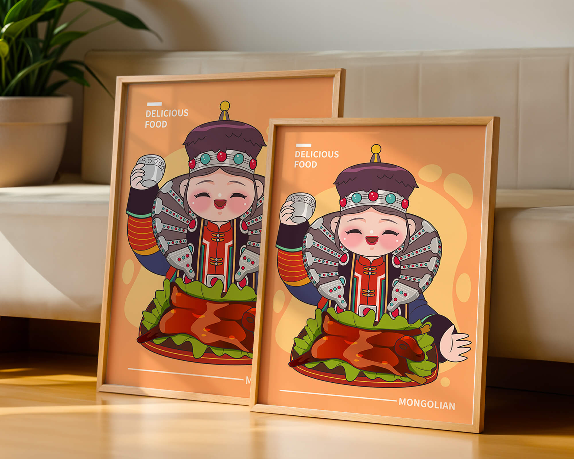 Cartoon character in traditional Mongolian attire with food