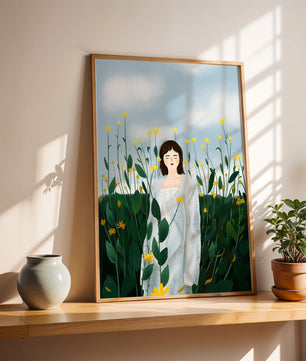 Femme en manteau blanc parmi les fleurs jaunes