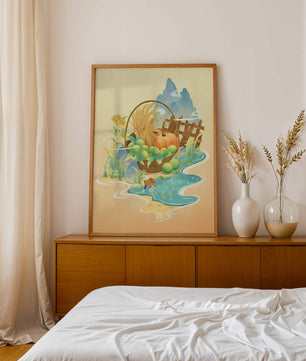 Ilustración con tema de cosecha con una cesta de productos y un fondo panorámico.