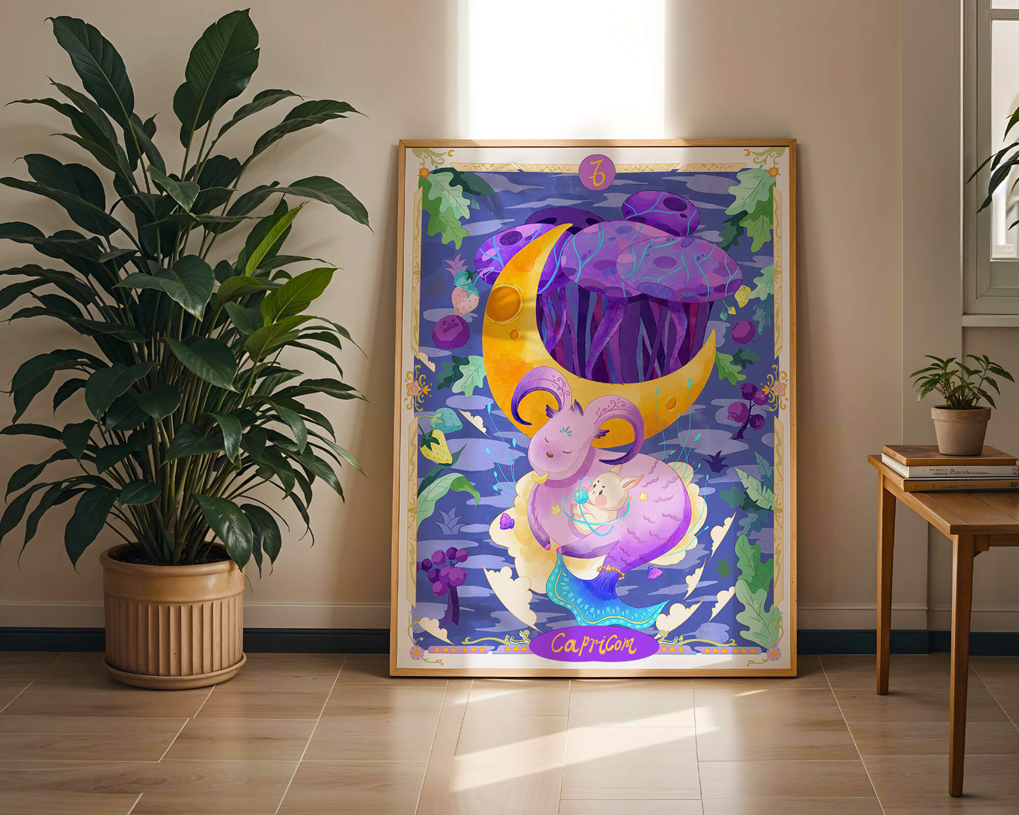 Colorful Capricorn zodiac illustration with fantasy elements
