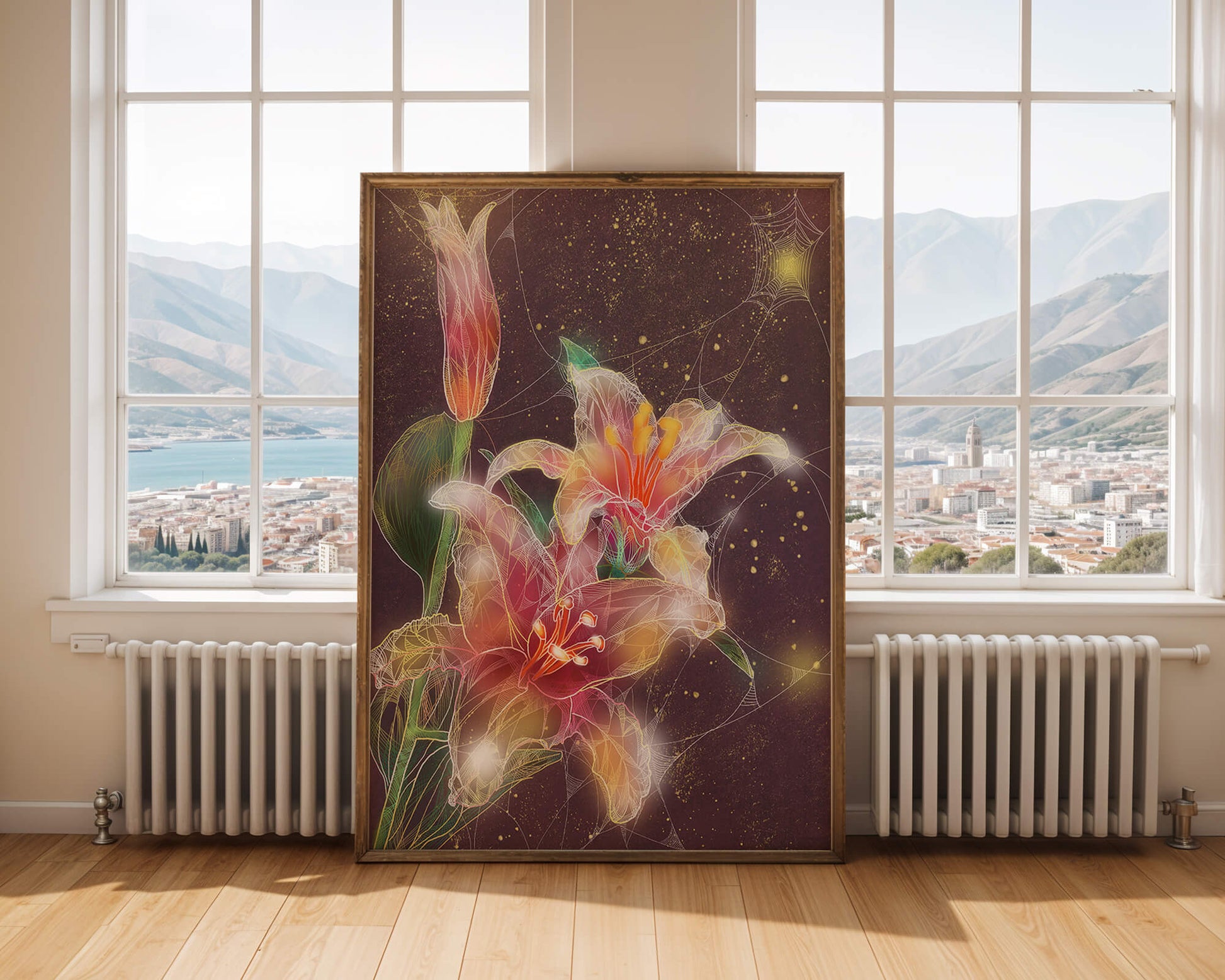 Elegant Floral Composition with Intricate Details and Golden Accents