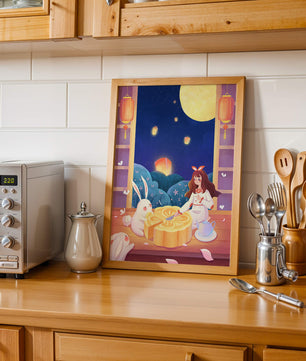 Moonlit Night with Lanterns and Tea Ceremony Featuring Rabbits and Mooncakes