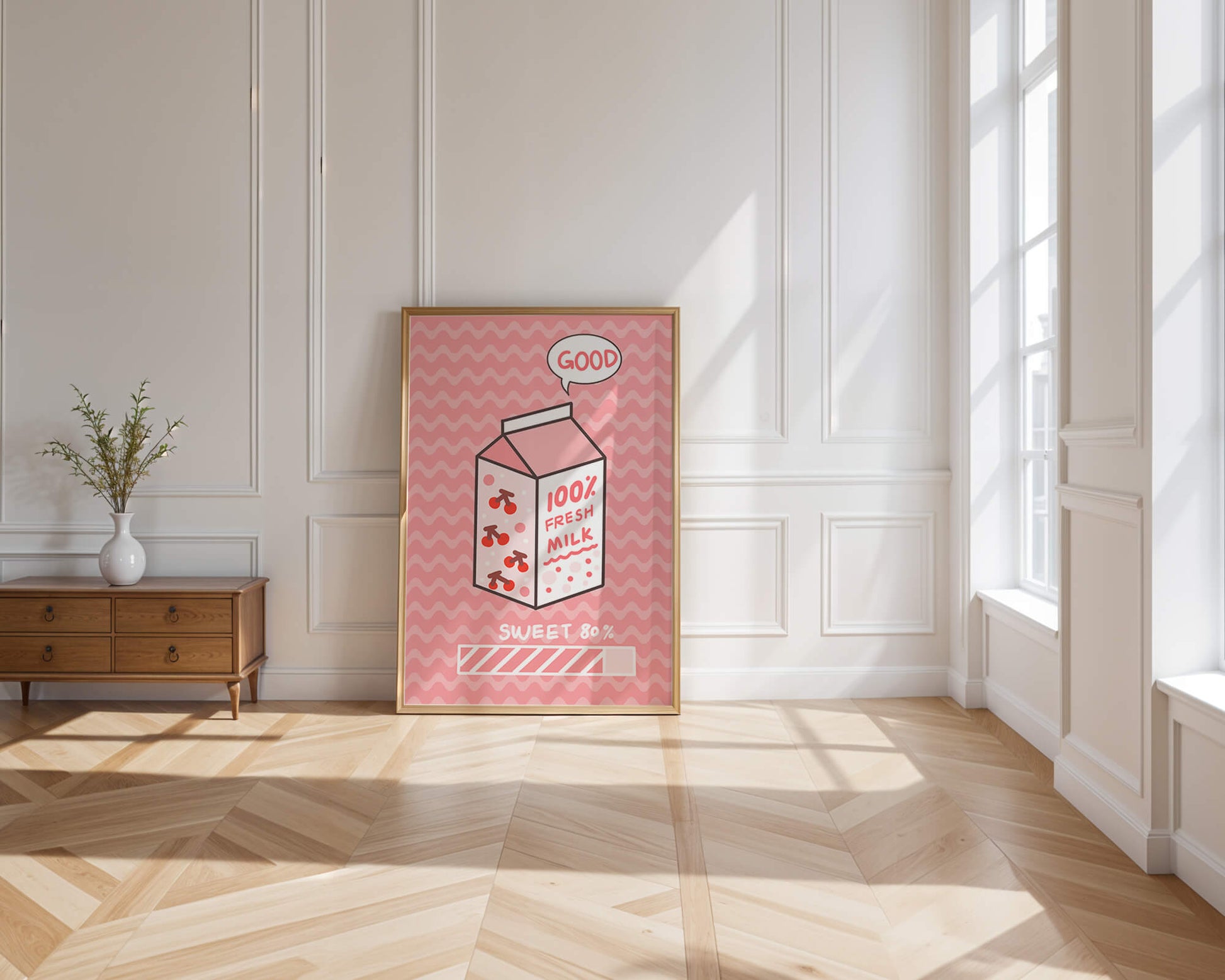 Playful illustration of milk carton with cherry design on pink background