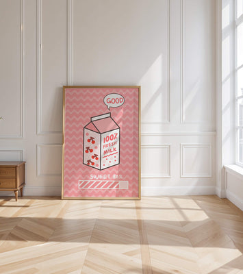 Playful illustration of milk carton with cherry design on pink background