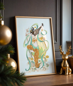 Elegant depiction of an Asian-inspired musician with floral and ribbon motifs
