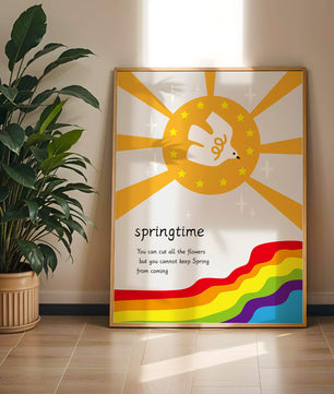 Colorful springtime illustration with dove and rainbow