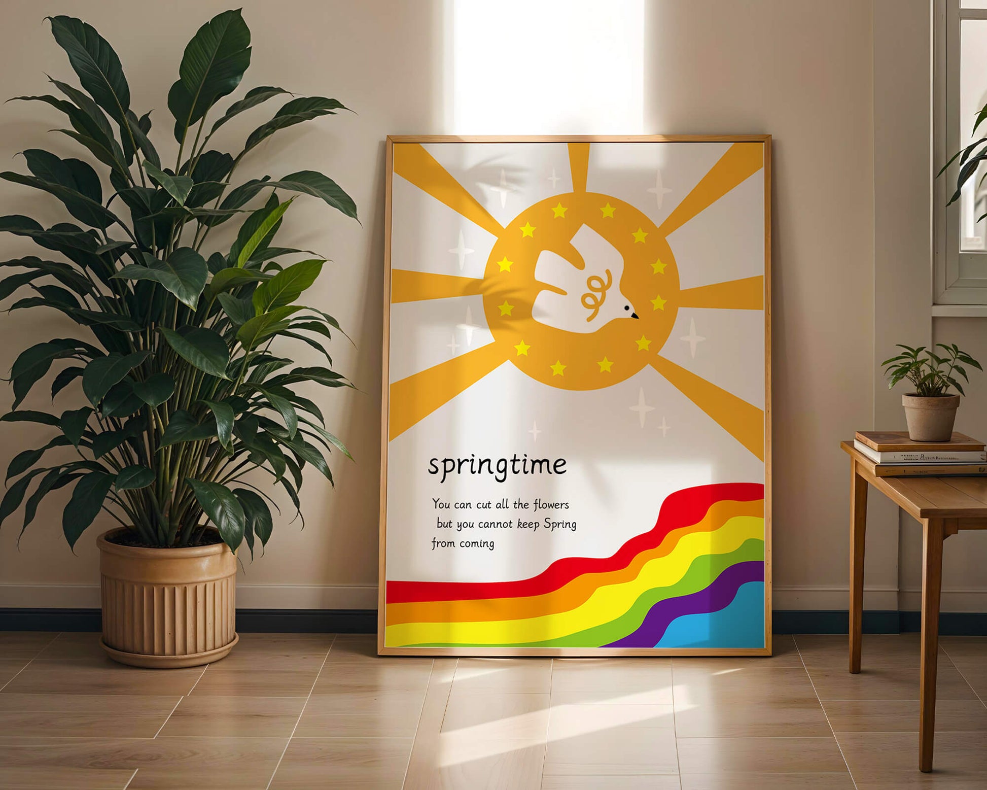 Colorful springtime illustration with dove and rainbow