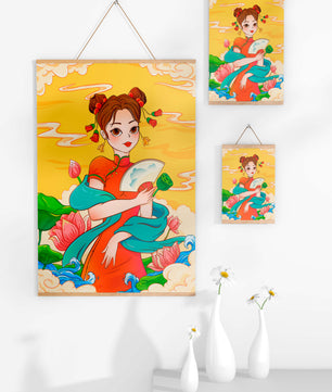 Ilustración oriental que presenta a una chica con atuendo tradicional, un abanico y flores de loto