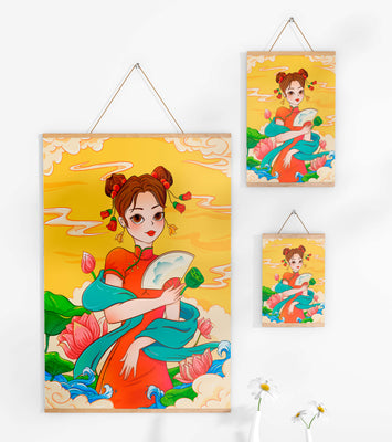 Oriental illustration featuring a girl in traditional attire with a fan and lotus flowers