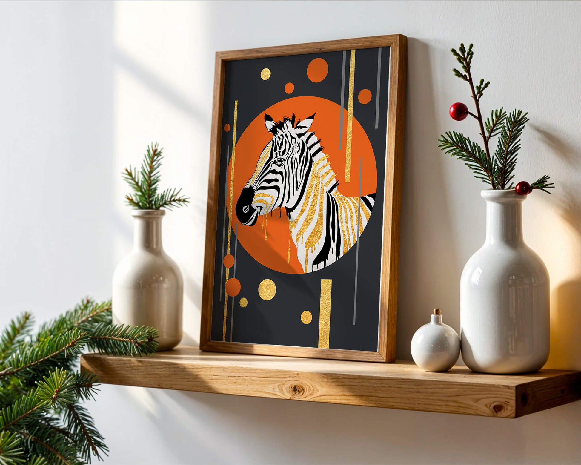 Modern zebra art with golden accents on abstract background