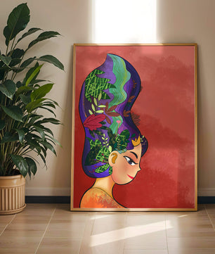 Colorful artistic portrait with nature-inspired hair design